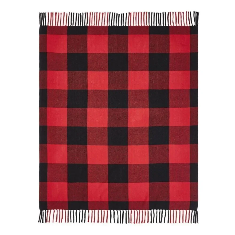 Buffalo Plaid Christmas Fringed Throw Blanket Red Black Farmhouse Lodge Rustic